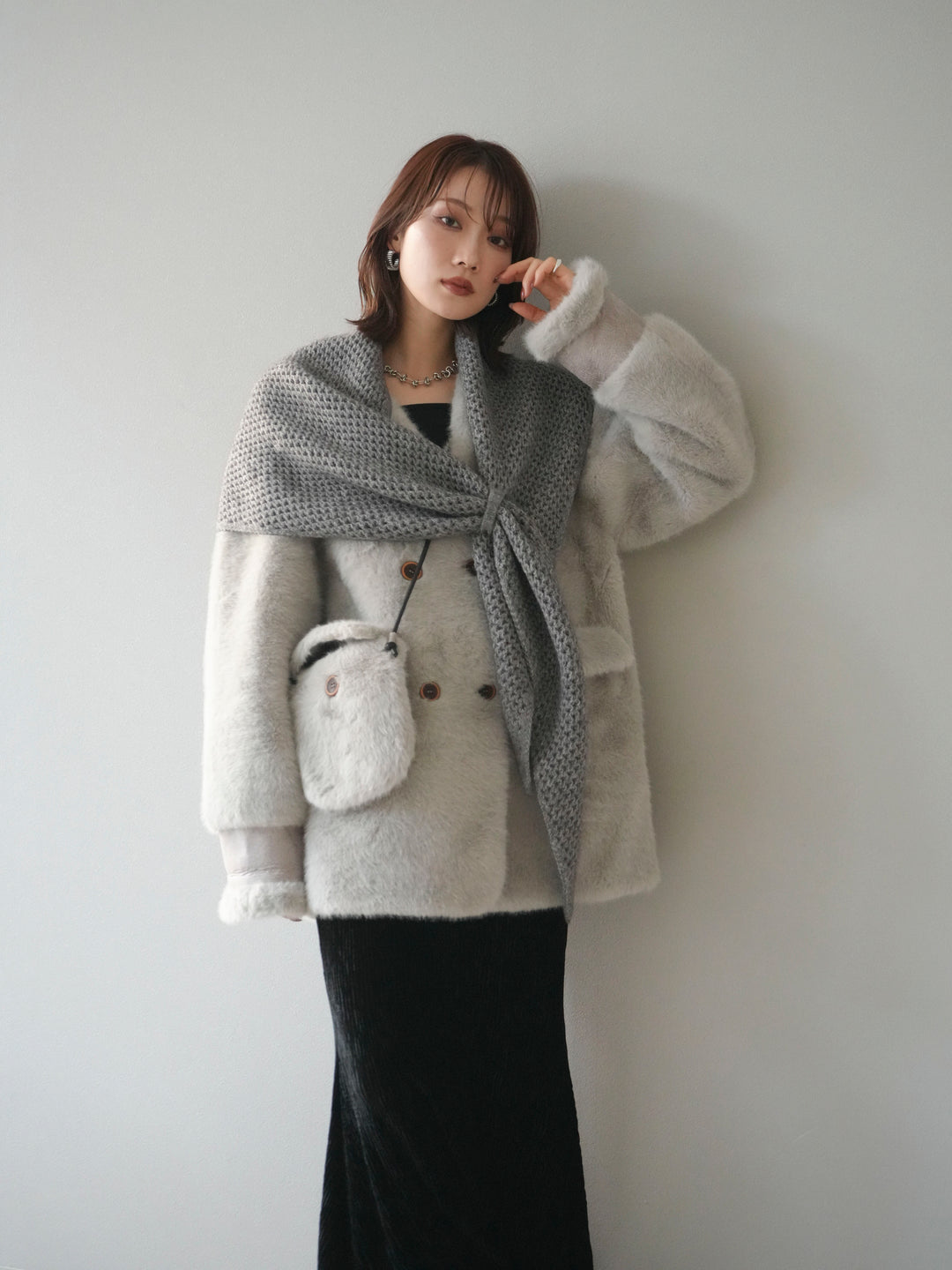 [予約]バッグ付エコファーノーカラーコート/gray