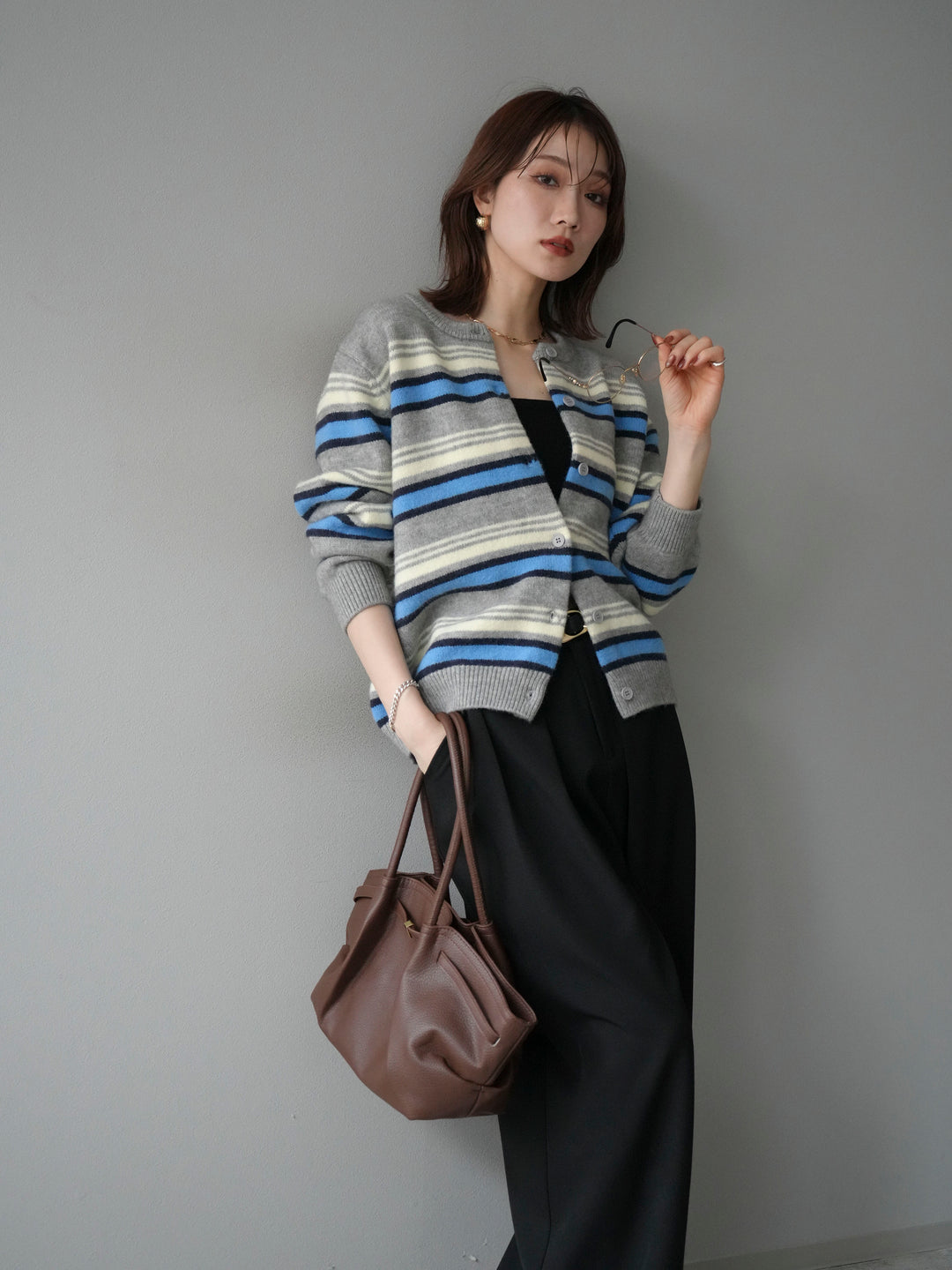 [SET]マルチボーダーニットカーディガン+ベルトループデザインワイドパンツ(2set)