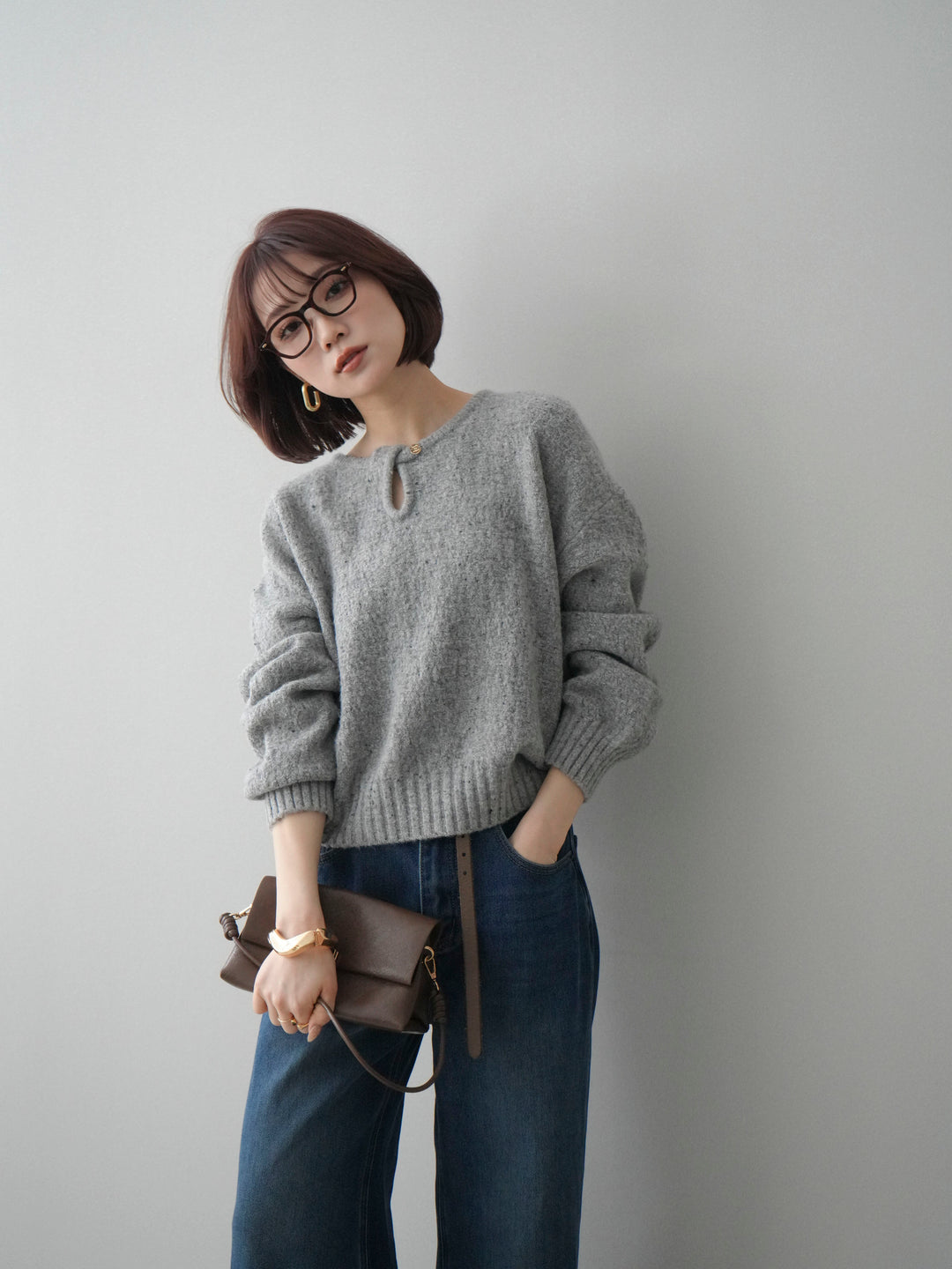 [SET]ツイストネックラメネップヤーンニットプルオーバー+選べるアクセセット(2set)