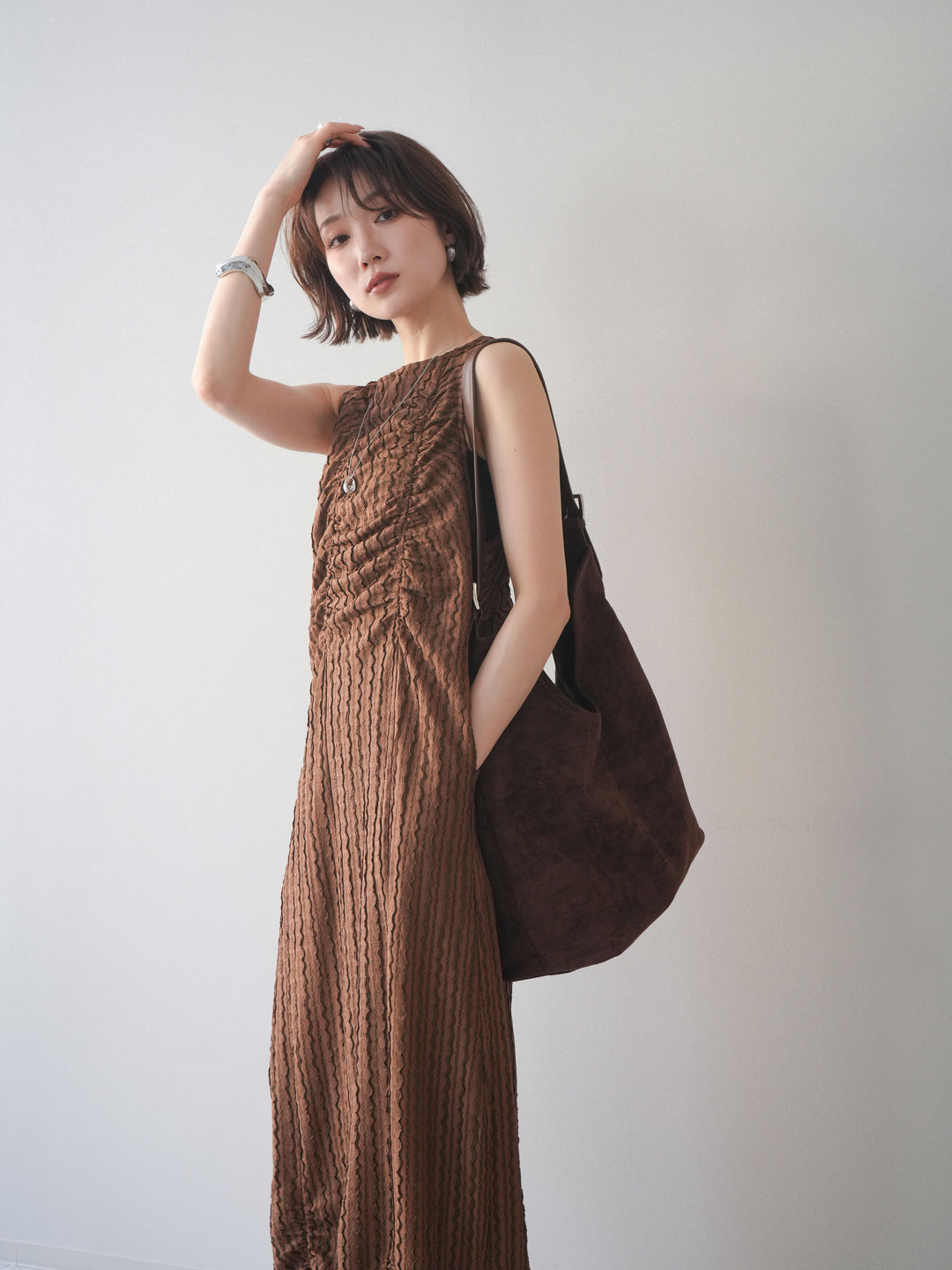 [予約]シャーリングジャガードノースリーブワンピース/brown