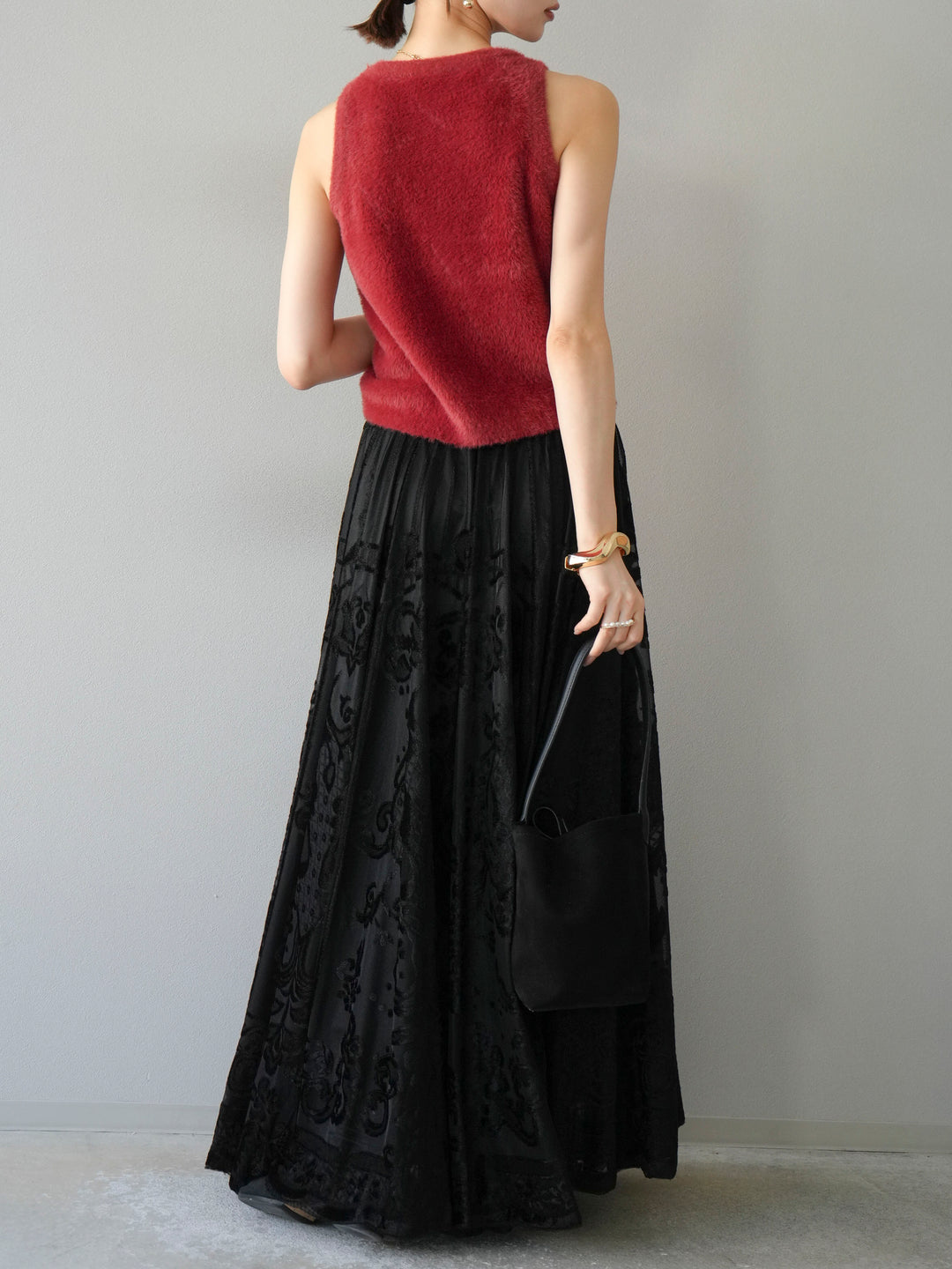 [予約]アンティーク柄フロッキーマキシスカート/ブラック