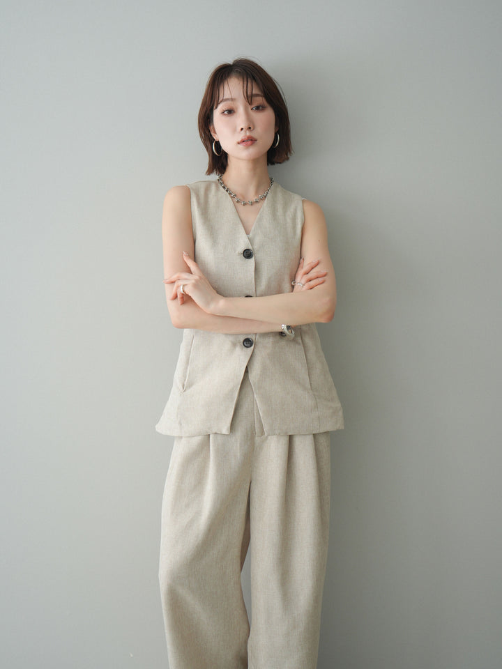 [SET]リネンライクバックオープンジレ+リネンライクタックワイドパンツ(2set)