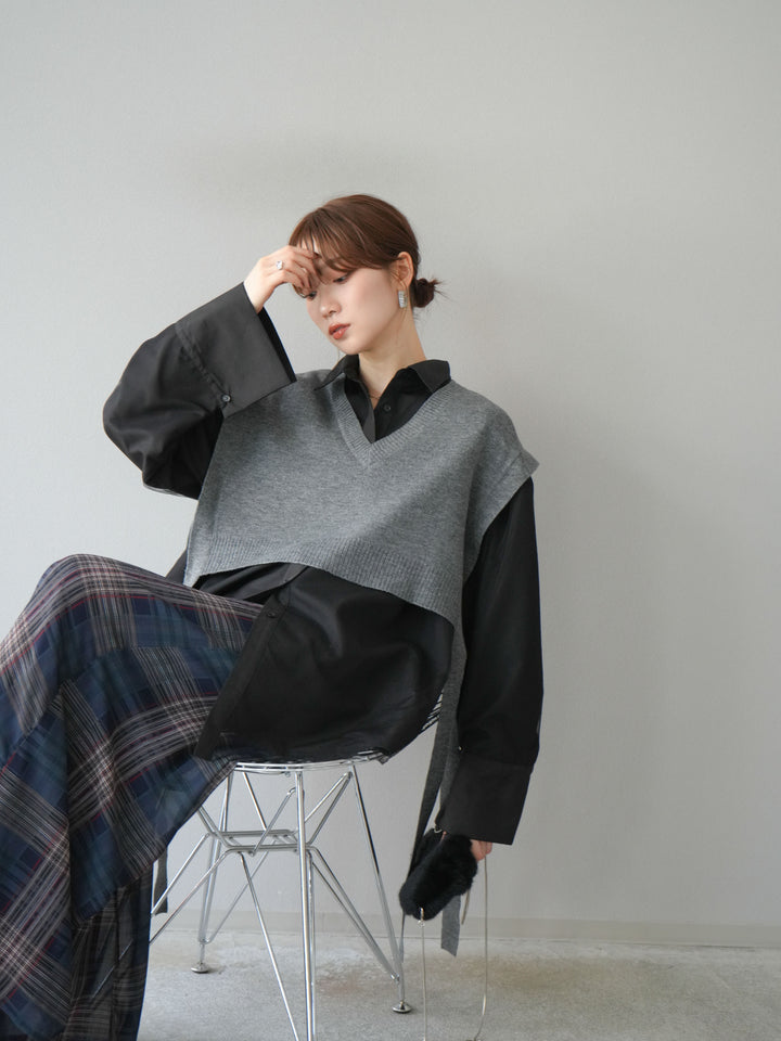 [予約]サイドリボンVネックショートニットベスト/チャコール