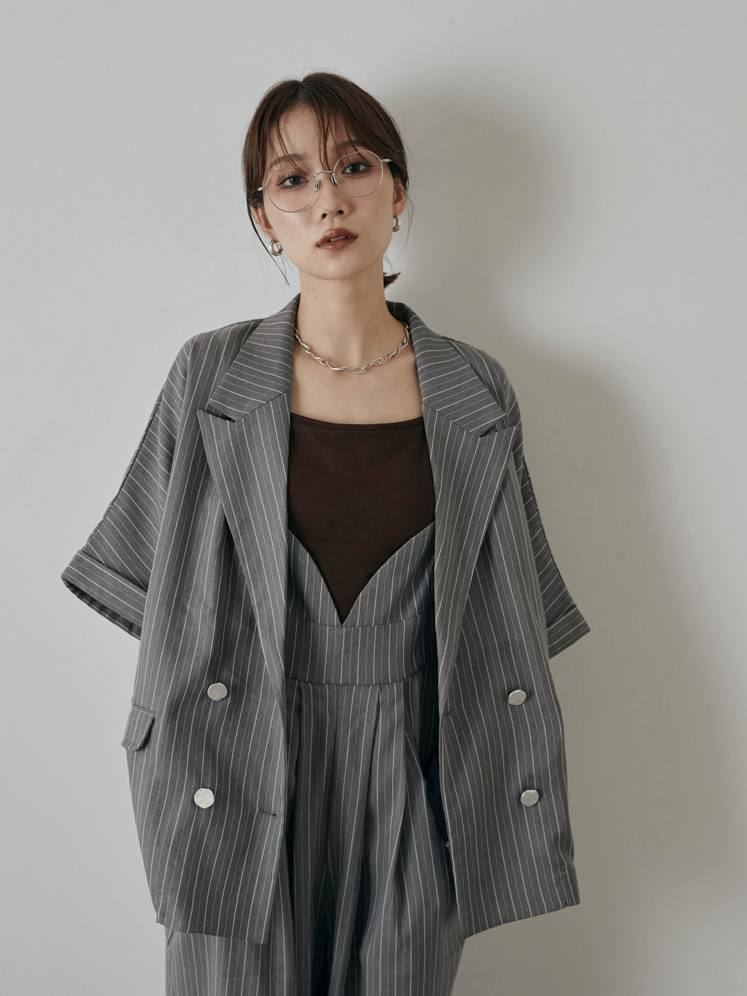 [予約]バックオーガンジーヘリンボーンストライプハーフジャケット/チャコール