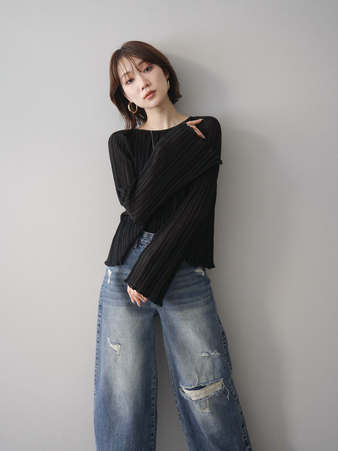 [SET]プリーツシアーフレアスリーブニットトップス+選べるアクセセット(2set)