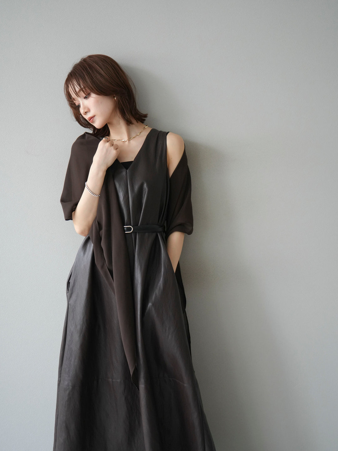 [予約]レザーAラインワンピース/ブラウン