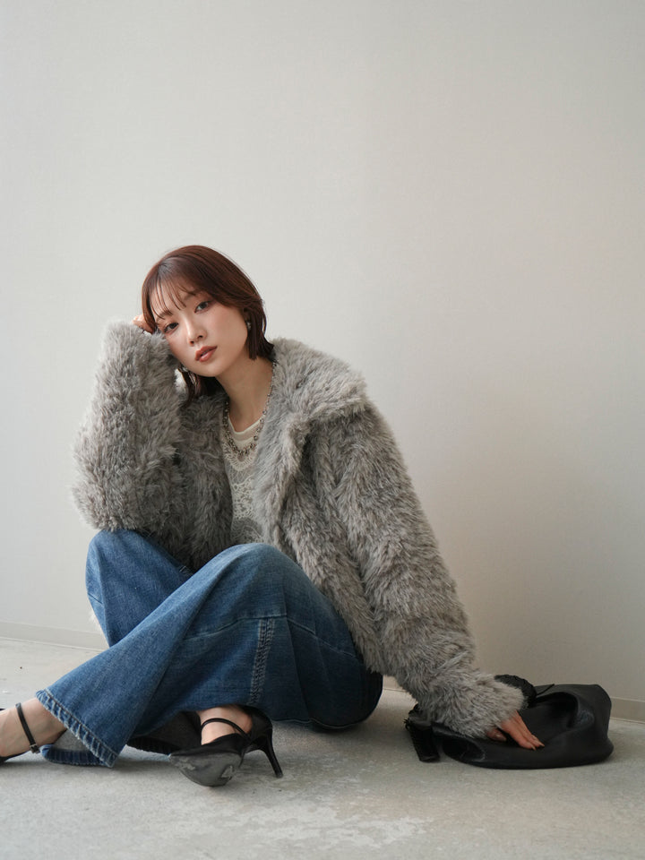 [予約]フェイクファー襟付きショートブルゾン/gray