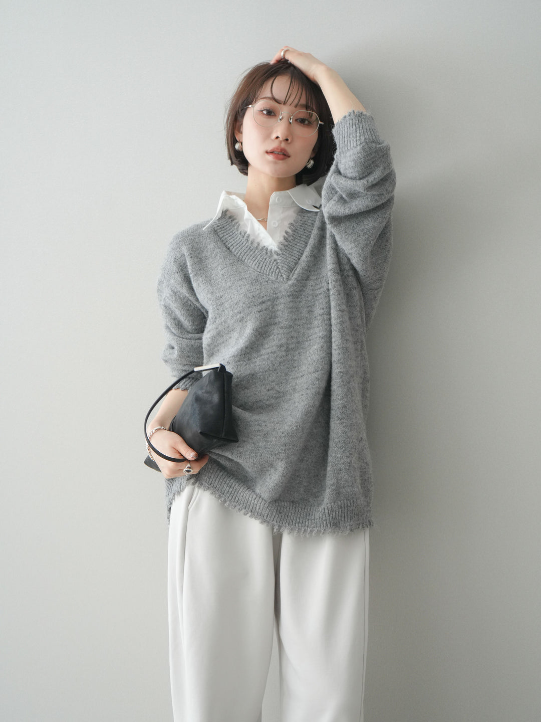 [予約]シャツドッキングVネックフリンジニットプルオーバー/gray