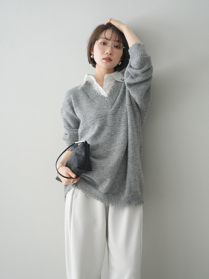 [予約]シャツドッキングVネックフリンジニットプルオーバー/gray
