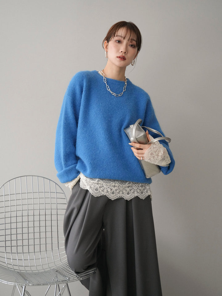 [SET]アンゴラタッチクルーネックニットプルオーバー+チュールレーストップス+テープベルトタックバギーパンツ(3set)