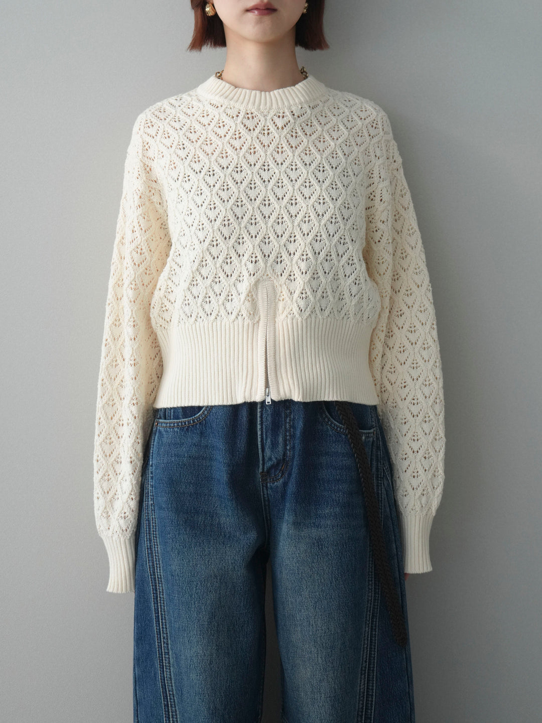 [予約]透かし編みフロントジップスリットニットプルオーバー/ivory