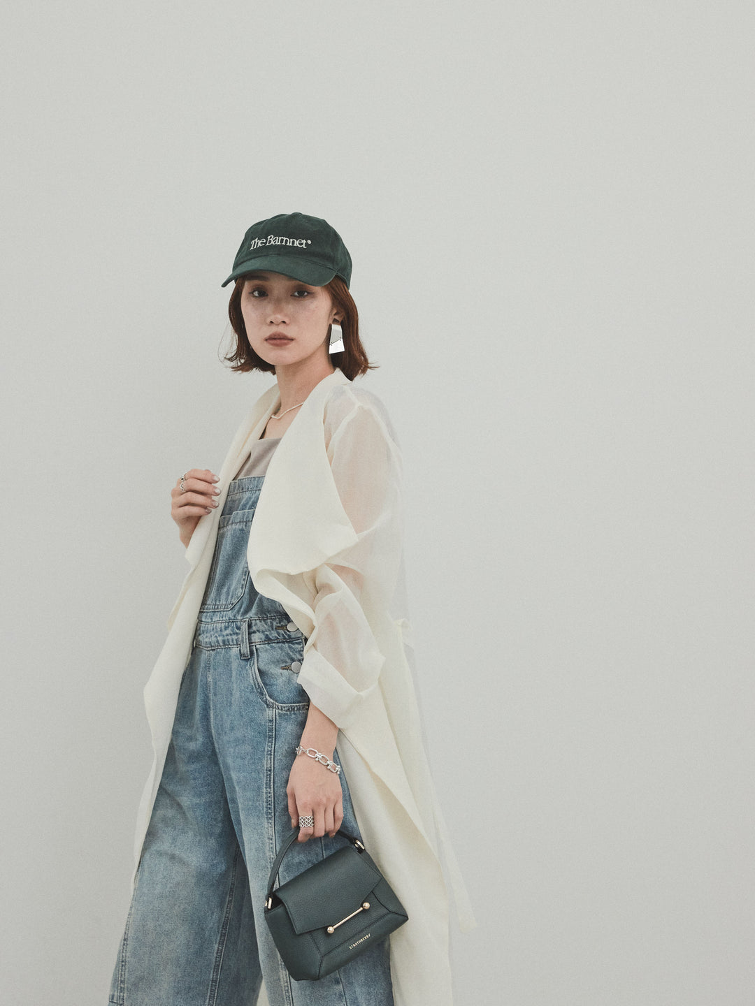 [SET] 中縫牛仔背帶褲 + 透視長版外套（2 件組）