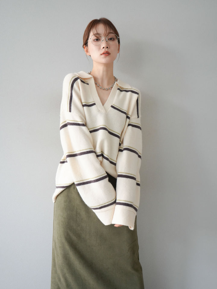 [SET]ポロ襟スキッパーボーダーニットプルオーバー+スウェードIラインスカート(2set)