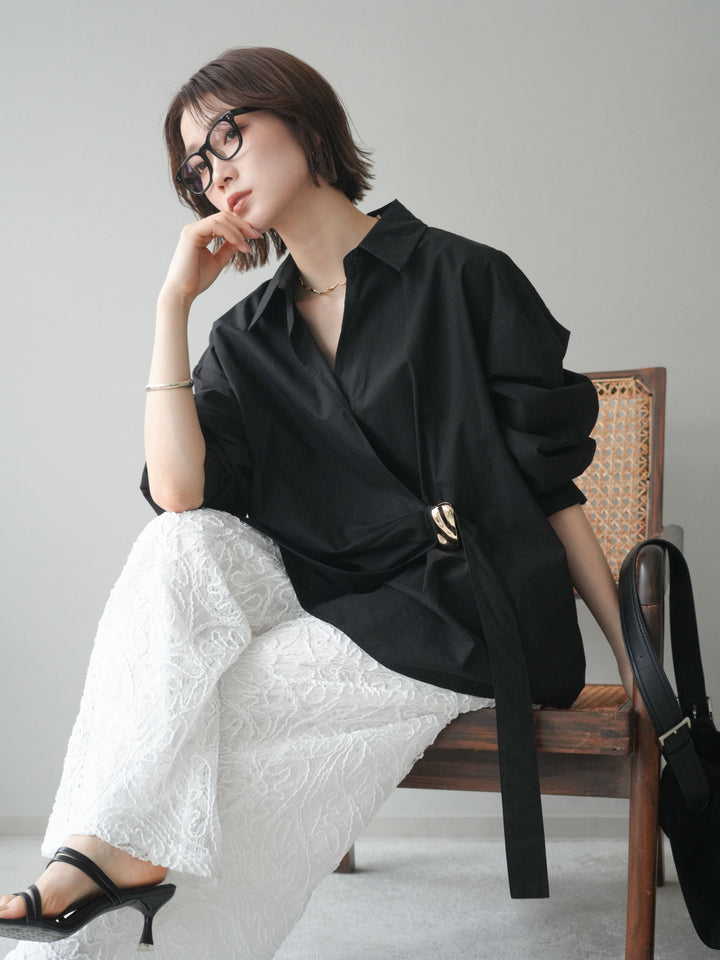 [SET]メタルパーツドレープシャツ+シアーコードレースイージーパンツ(2set)