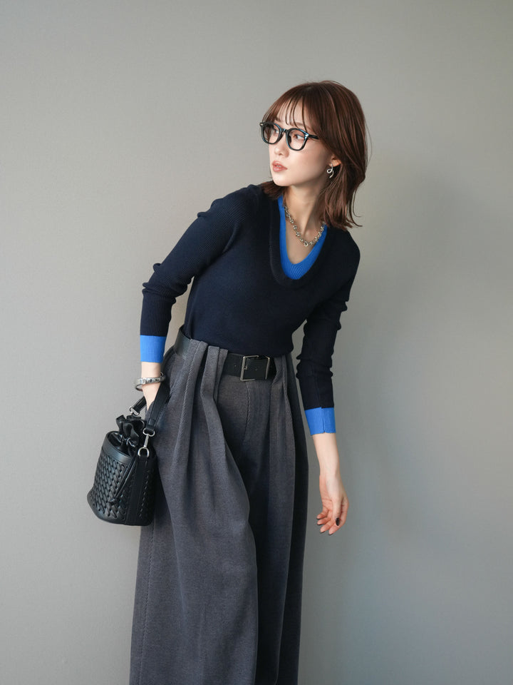 [SET]Uネック配色レイヤードリブニットトップス+選べるアクセセット(2set)