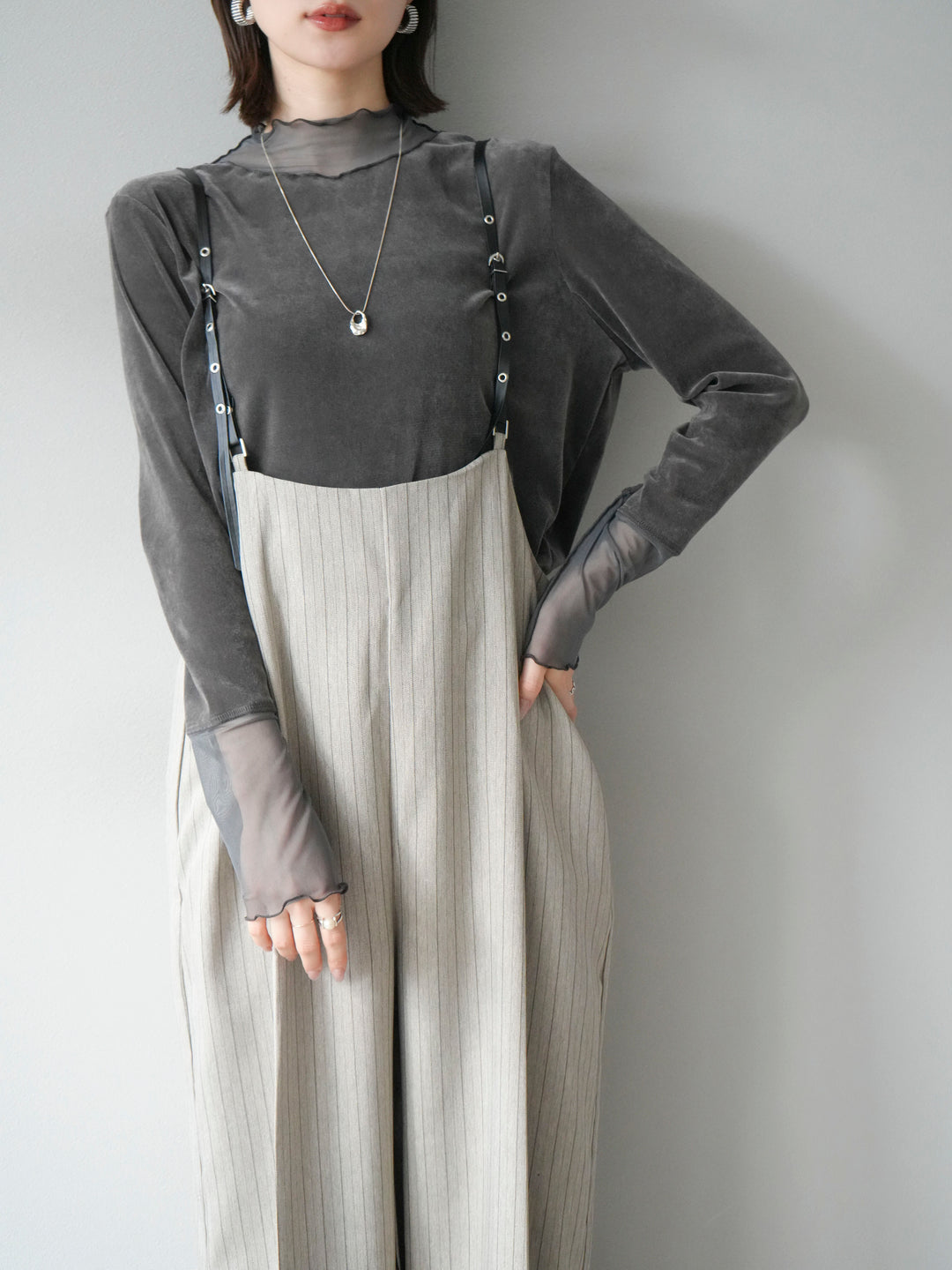 【着回しセット】[SET]ヘリンボーンストライプジレ+シアー切替ベロアトップス+ヘリンボーンストライプサロペット(3set)