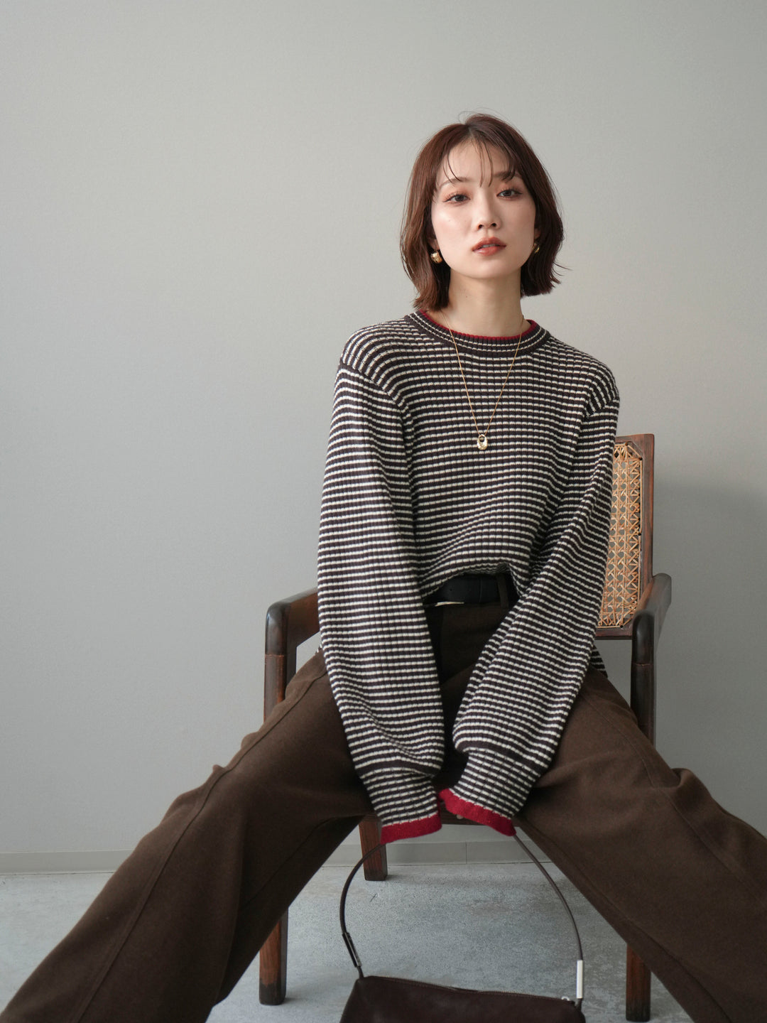 [予約]ラメ異素材ボーダーリブニットプルオーバー/brown×red