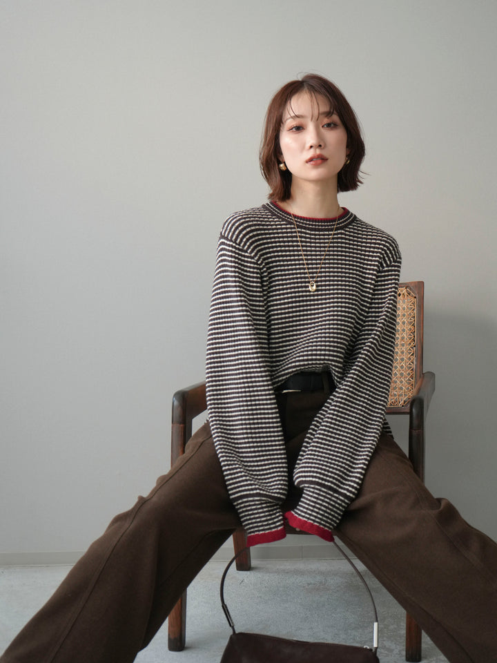 [予約]ラメ異素材ボーダーリブニットプルオーバー/brown×red