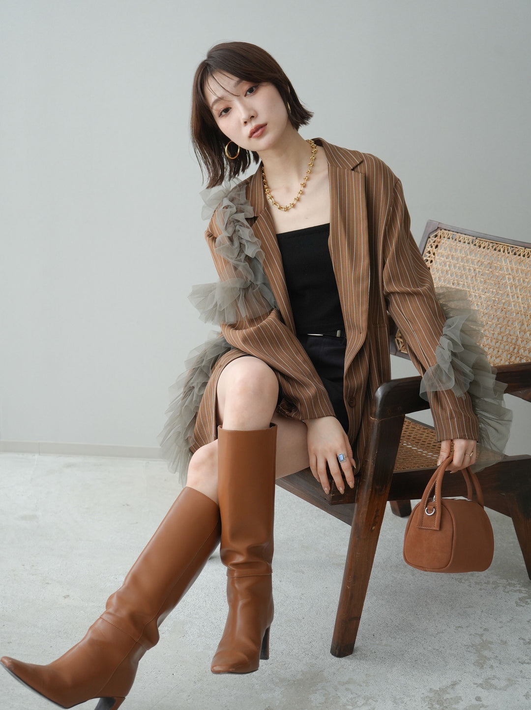 [予約]アシンメトリーチュールストライプジャケット/goldbrown