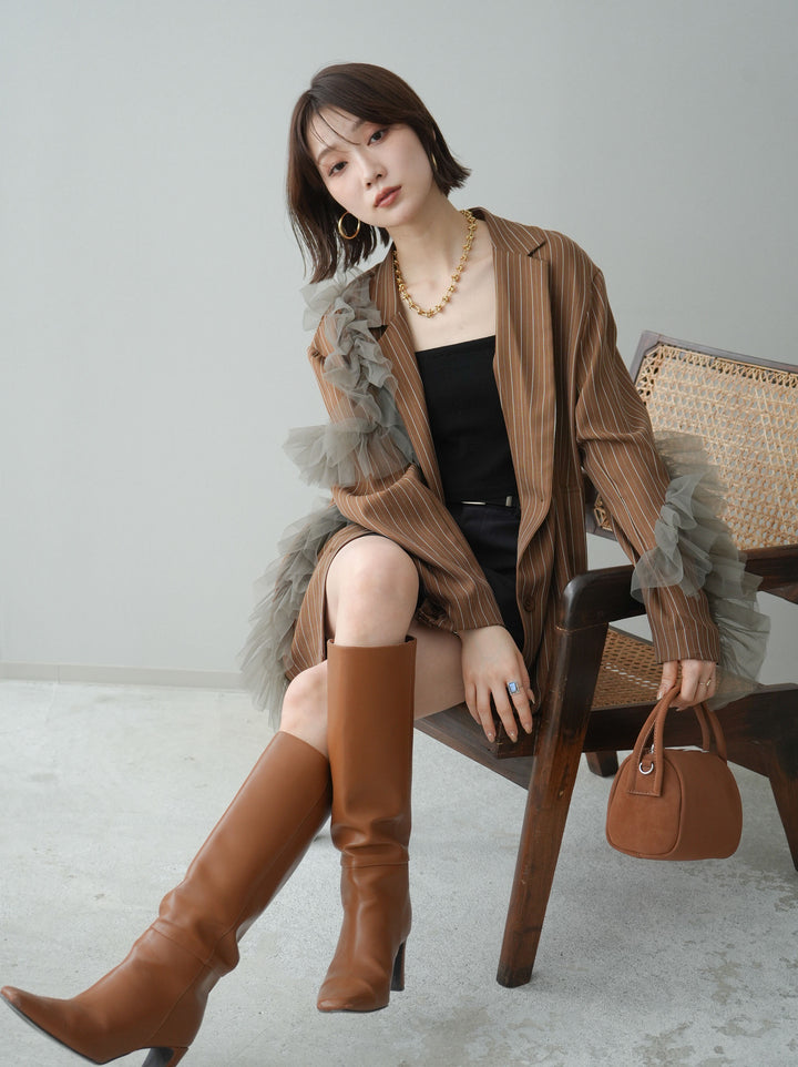 [予約]アシンメトリーチュールストライプジャケット/goldbrown