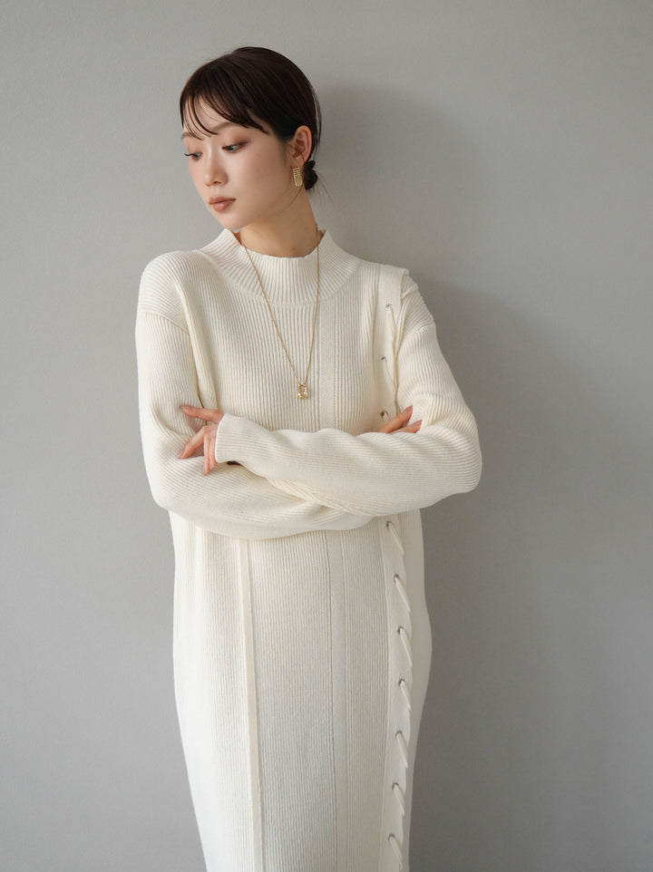 [SET] 不對稱繫帶高領針織連身裙 + 可選飾品套裝 (2套)