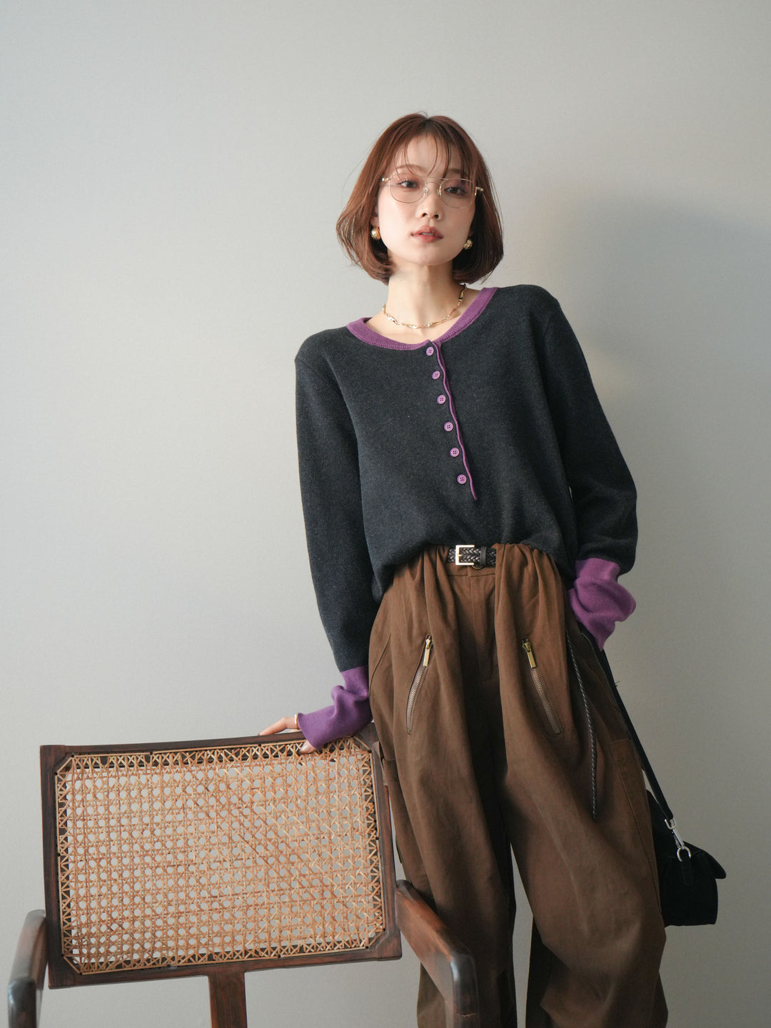 [SET]ヘンリーネック配色ニットソー+コットンタックループパンツ(2set)