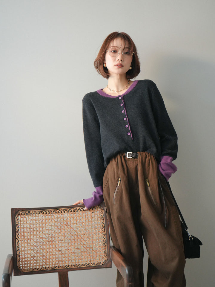 [SET]ヘンリーネック配色ニットソー+コットンタックループパンツ(2set)