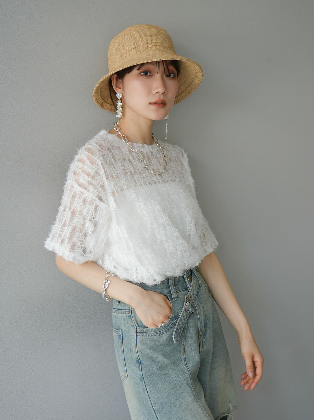 [Pre-order] Fringe Tulle 5/4 Sleeve Over Top/Off-White