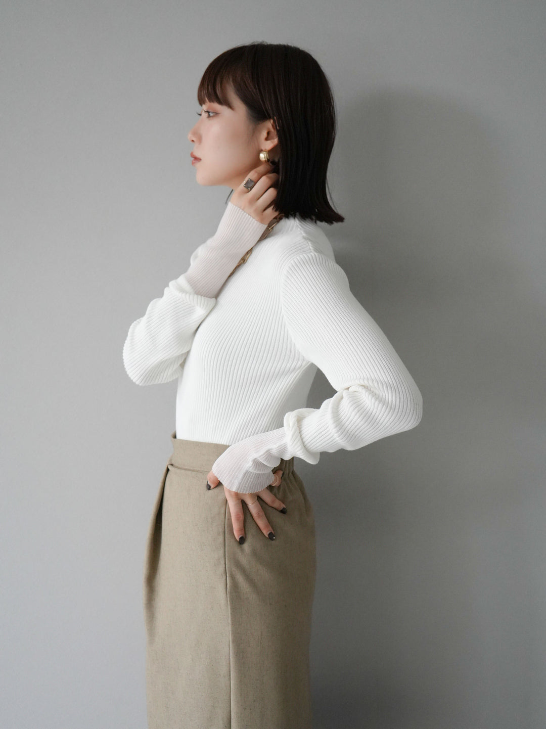 [予約]袖ラメシアー切替リブニットトップス/オフ