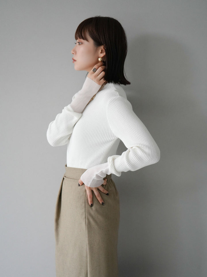 [予約]袖ラメシアー切替リブニットトップス/オフ