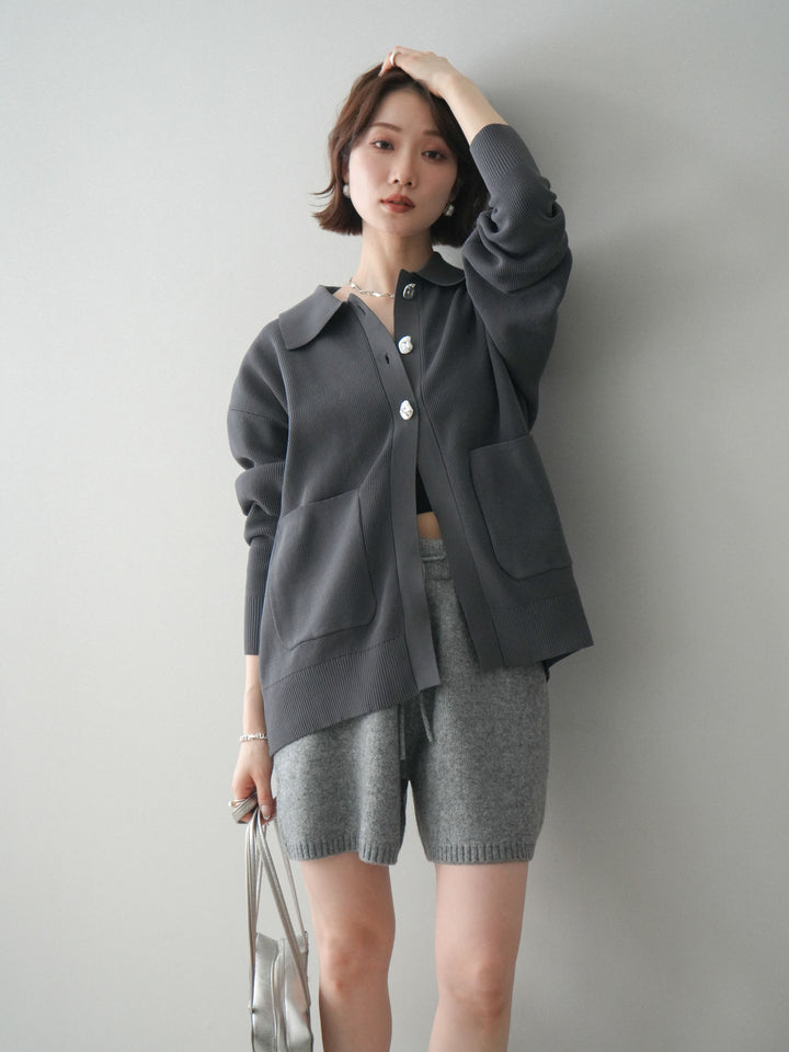[予約]メタルボタン襟付きポリエステルニットカーディガン/charcoal
