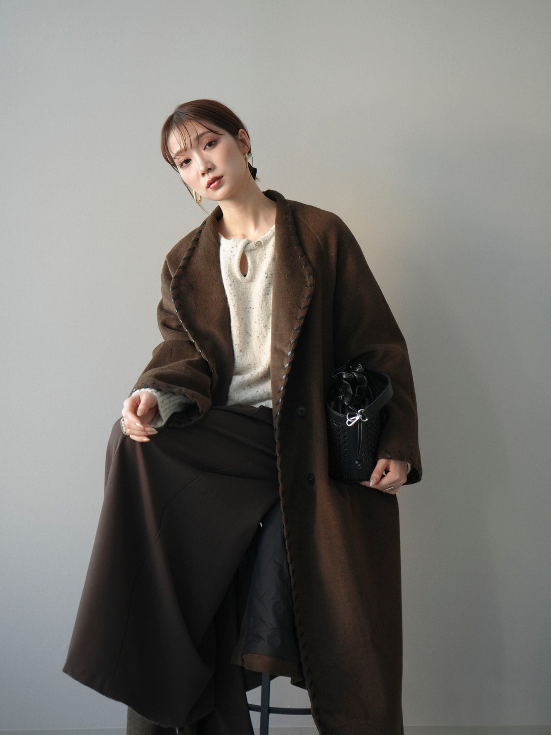 [SET]ハンドステッチ裏中綿ロングコート+テープベルトタックバギーパンツ(2set)