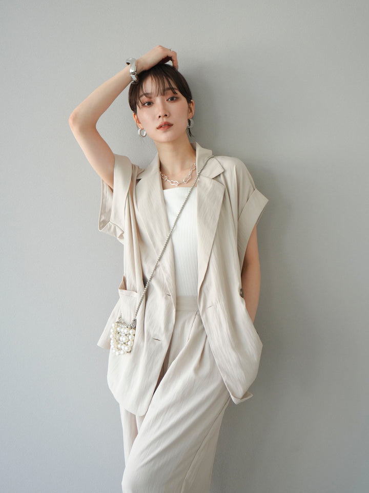 [套裝] 亞麻風格無袖雙背心 + 雙肩帶剪裁羅紋胸罩吊帶背心（2 件套）