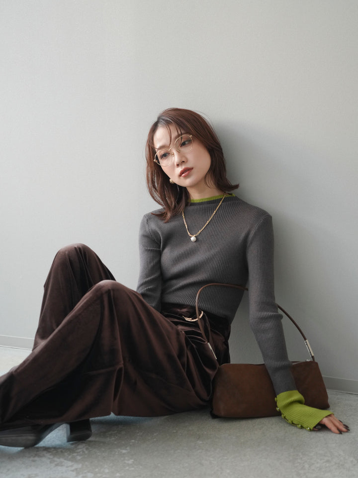 [予約]袖ボタンハイネック配色リブニットトップス/charcoal