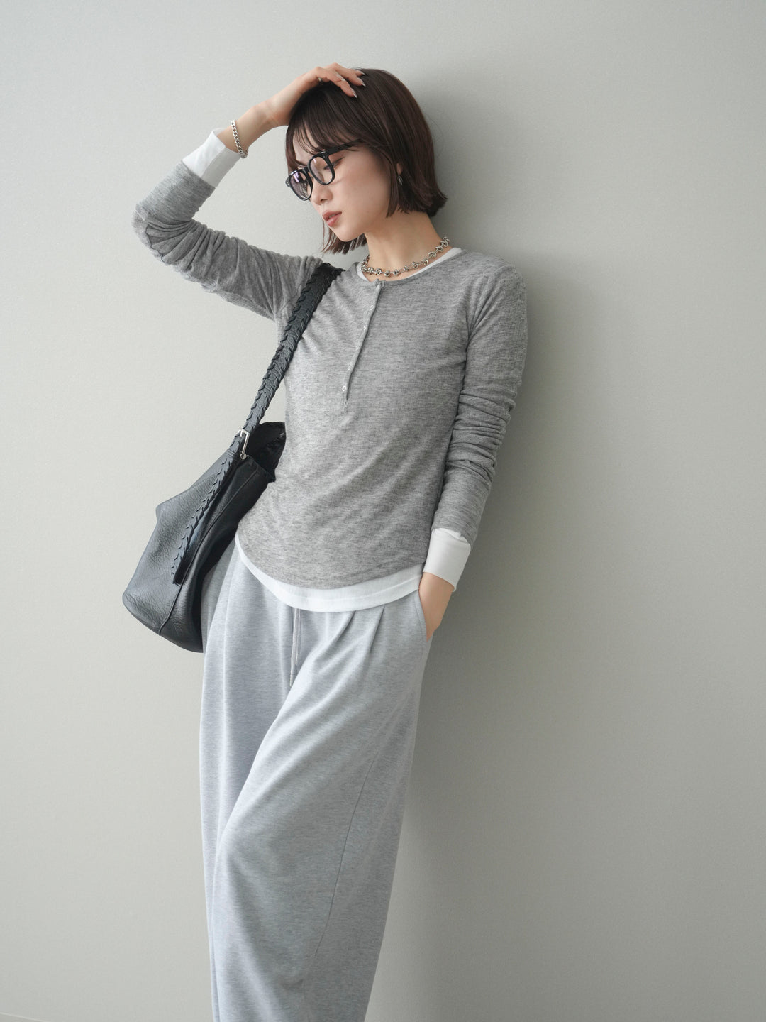 [予約]シアーリブヘンリーネックロンT/gray