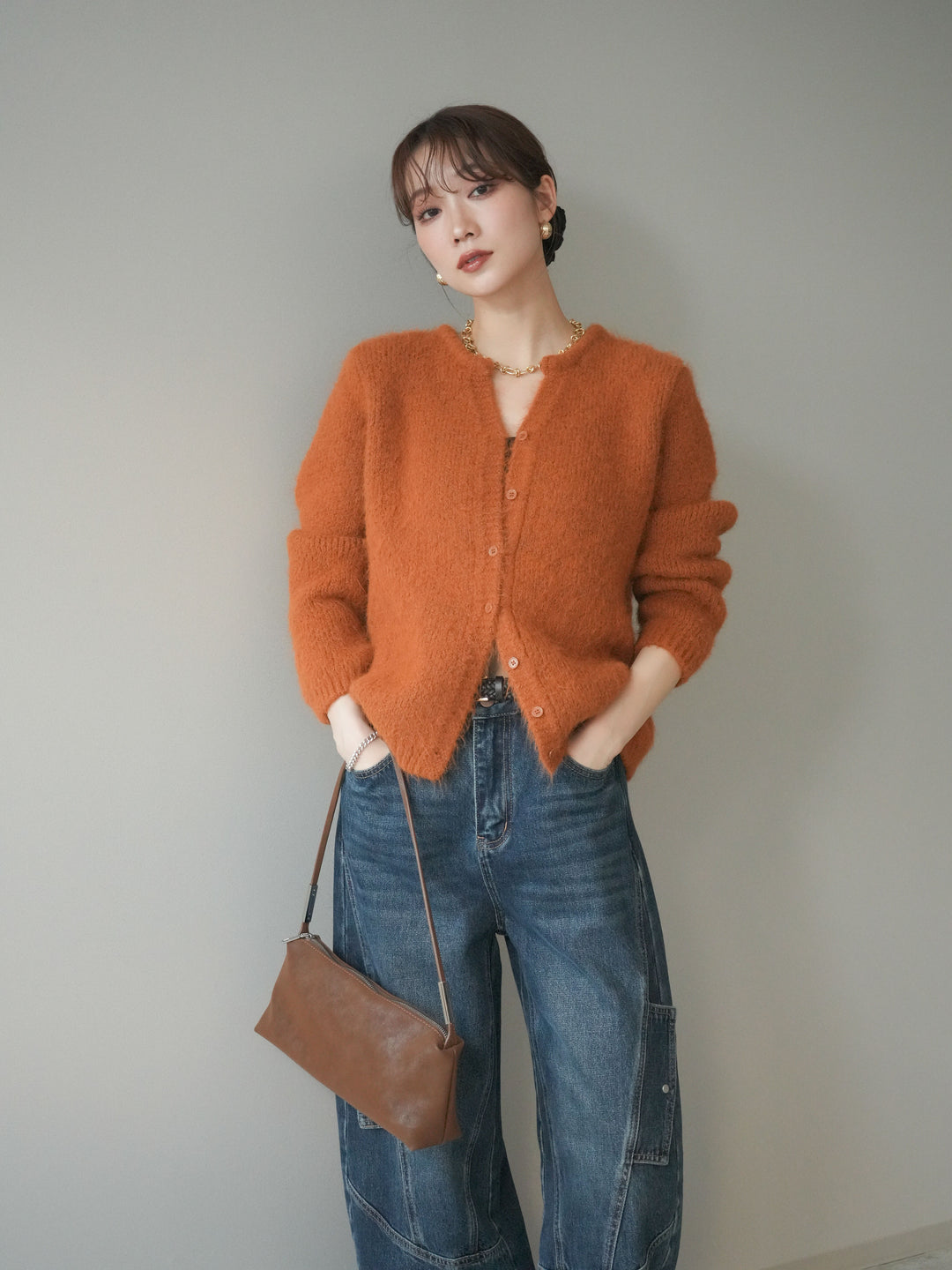 [予約]キーネックシャギーニットカーディガン/camel