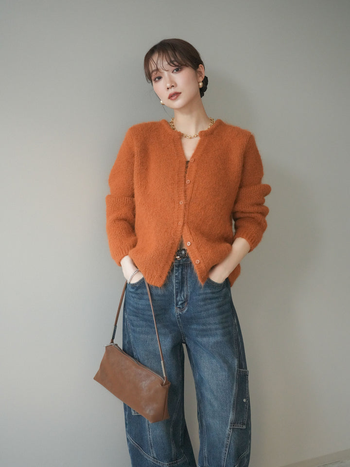 [予約]キーネックシャギーニットカーディガン/camel