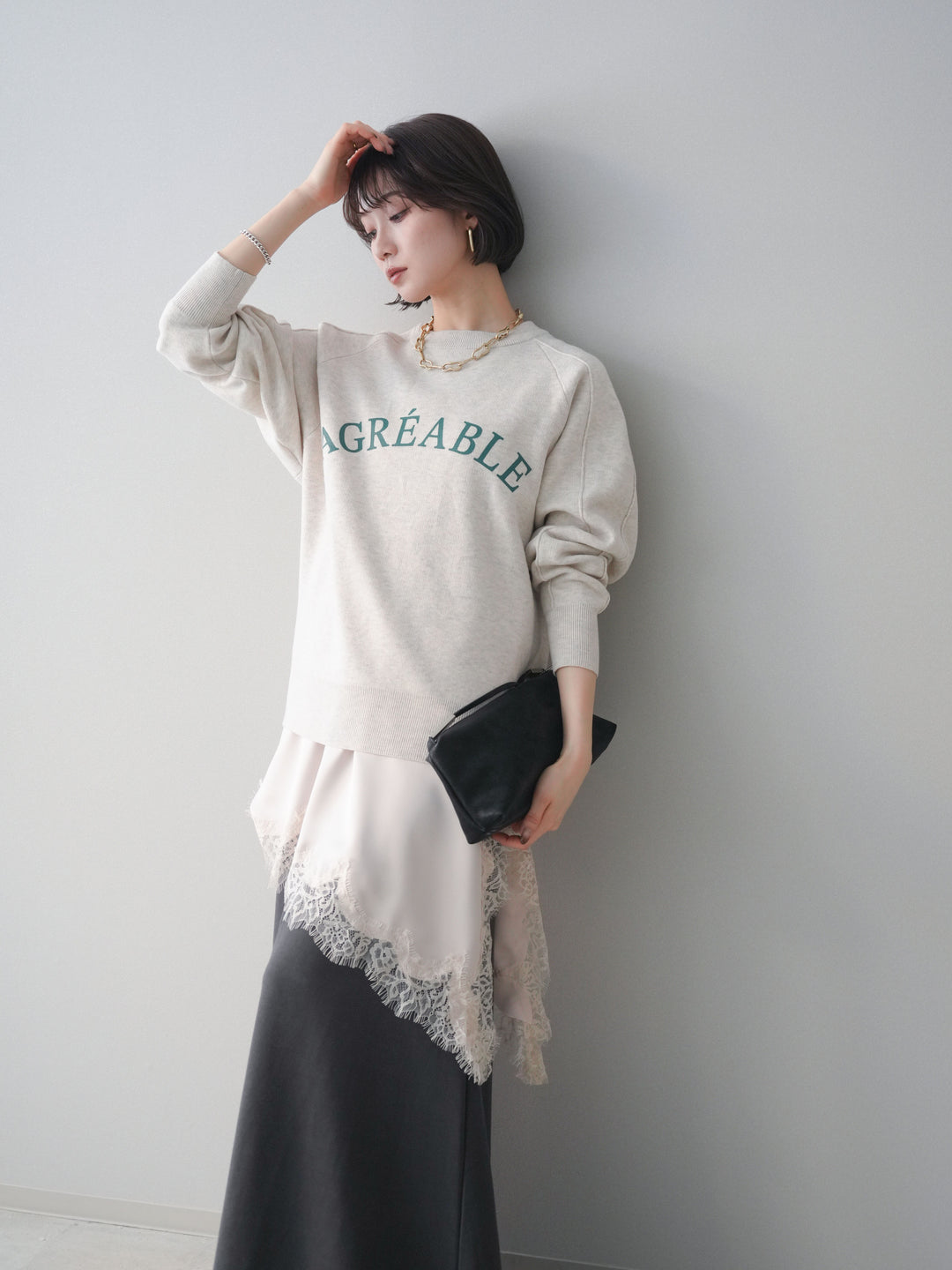 [予約]半ラバープリントロゴスウェットライクニットプルオーバー/oatmeal