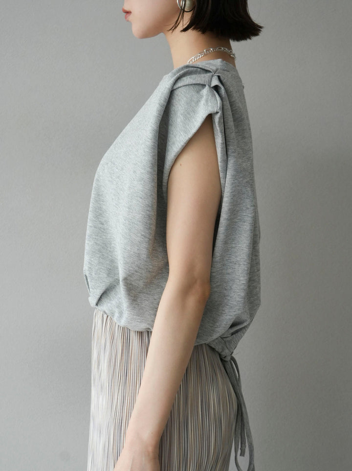 [Pre-order] Tuck shoulder hem drawstring ribbon top/gray