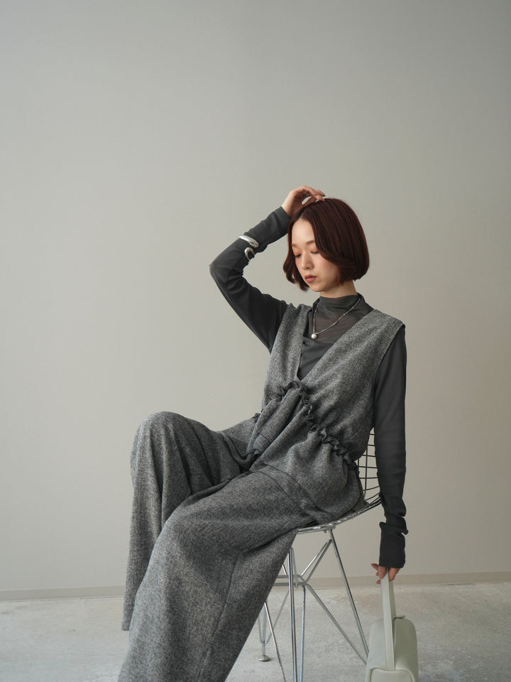 [SET]3WAYミックスツイードギャザーオールインワン+シアープチネックストレッチトップス(2set)