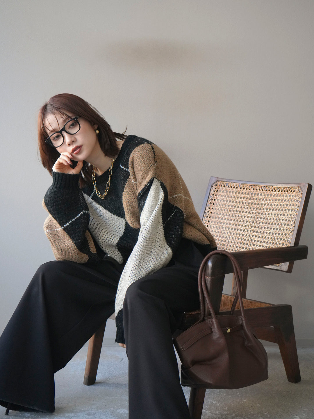 [SET]配色ステッチアーガイル柄ニットプルオーバー+ベルトループデザインワイドパンツ(2set)