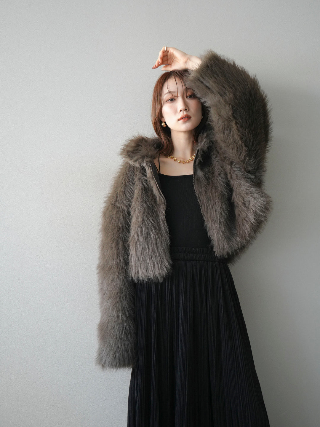 [予約]フェイクファーショートZIPジャケット/brown