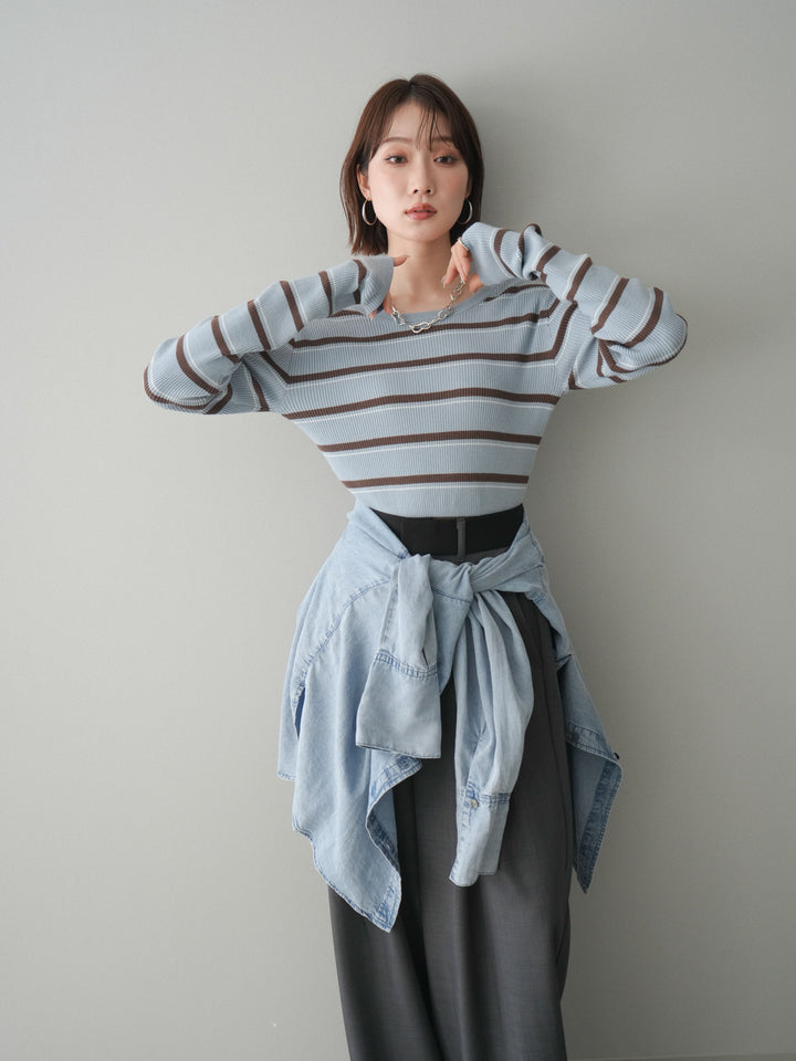 [予約]バックオープンテレコリブマルチボーダートップス/blue