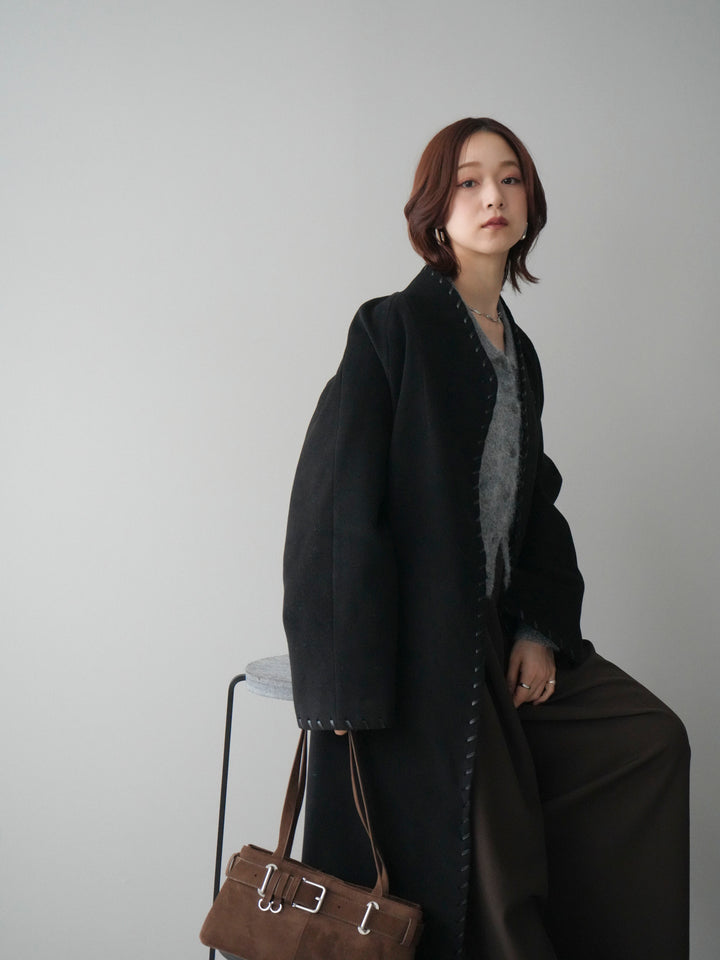 [SET]ハンドステッチ裏中綿ロングコート+モヘア衿付きボタンプルオーバー+テープベルトタックバギーパンツ(3set)