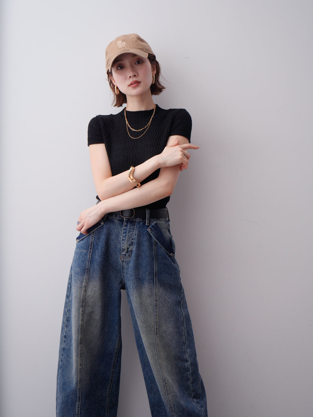 [予約]ウェーブハイネックフレンチニットトップス/black