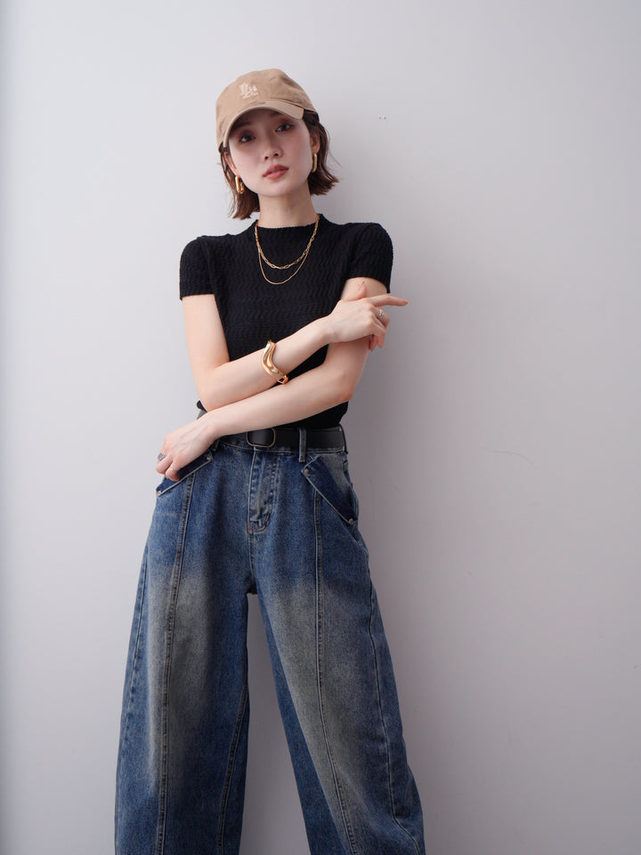 [予約]ウェーブハイネックフレンチニットトップス/black