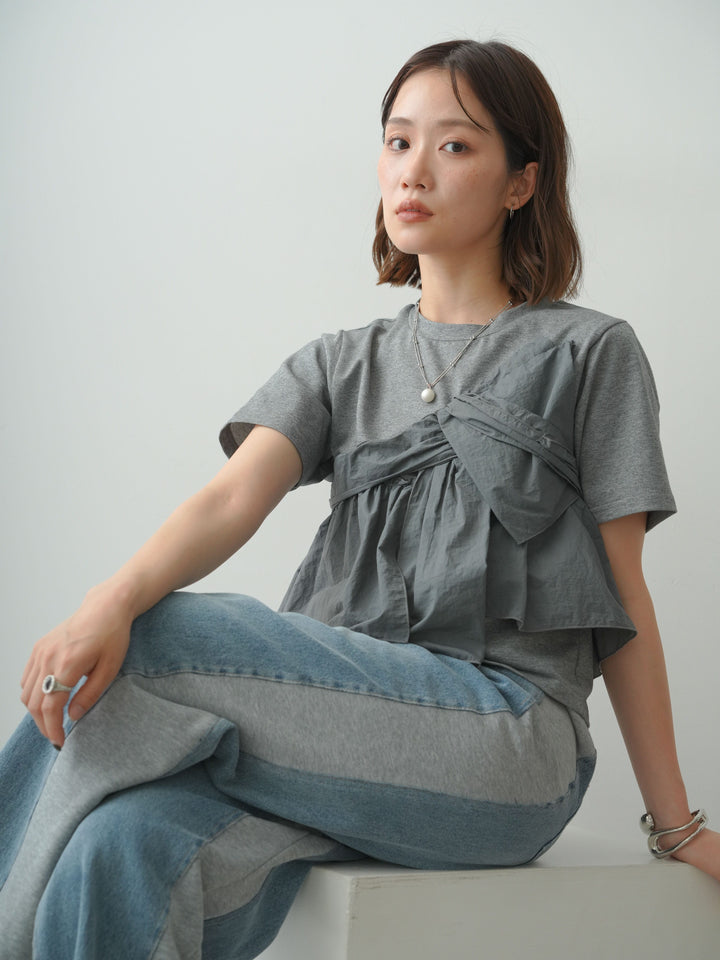 [SET]ナイロンドッキングツイストTEE +デニム切替スウェットパンツ(2set)
