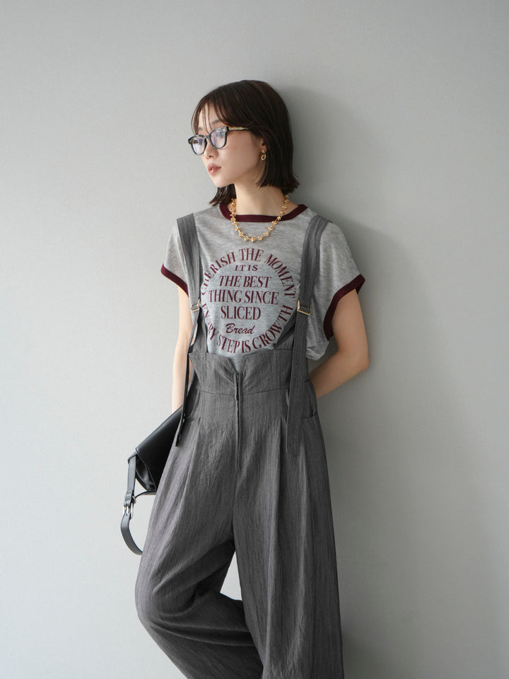 [SET]ストリングデザインハイウエストサロペット+シアーフライス ロゴプリントT (2set)