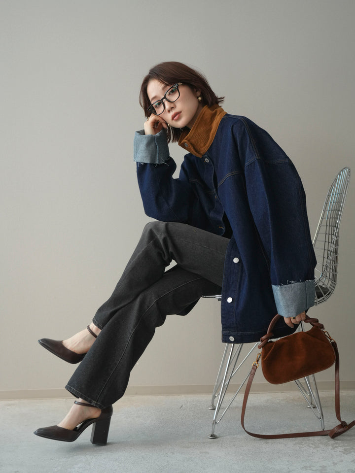 [SET]コーデュロイ×デニムミドルジャケット+フレアデニムパンツ(2set)