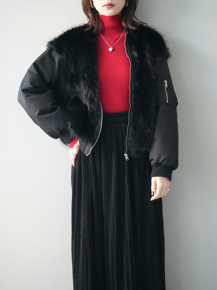 [SET]ファードッキングMA-1+袖ボタンボトルネックリブニットトップス+裾レーススウェードプリーツマキシスカート(3set)